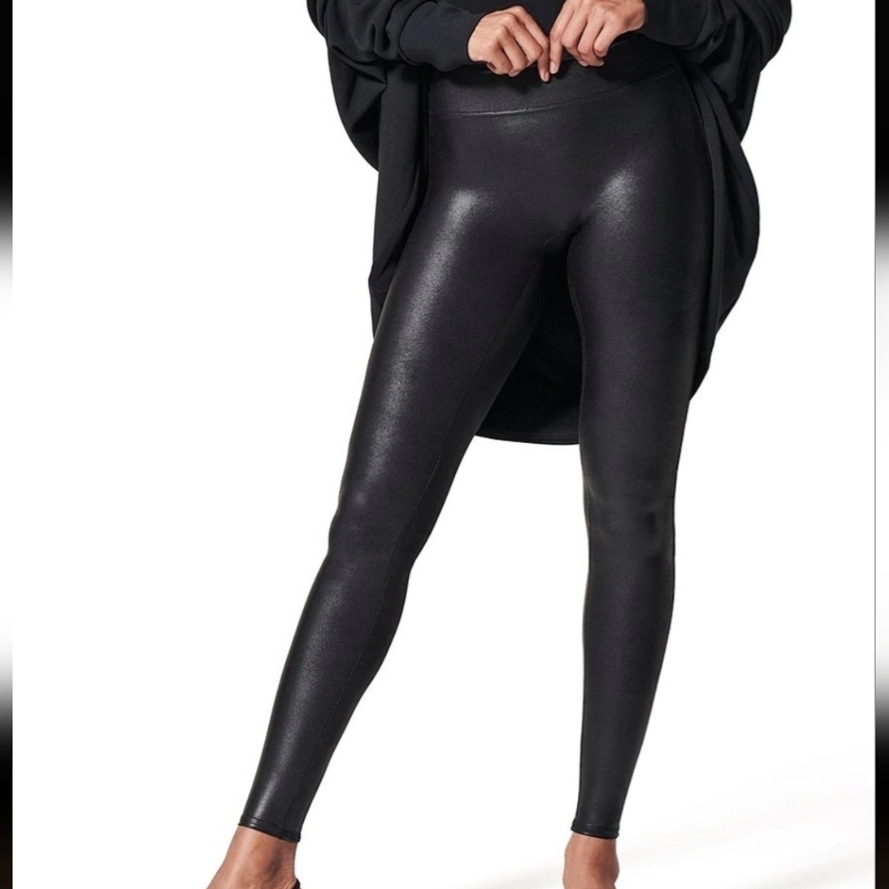 Spanx,Black High-Waisted Faux Leather Leggings,Size L